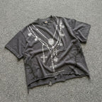 Y2k Layered Cross Rosary Necklace Print Graphic Crop Ripped T-shirt