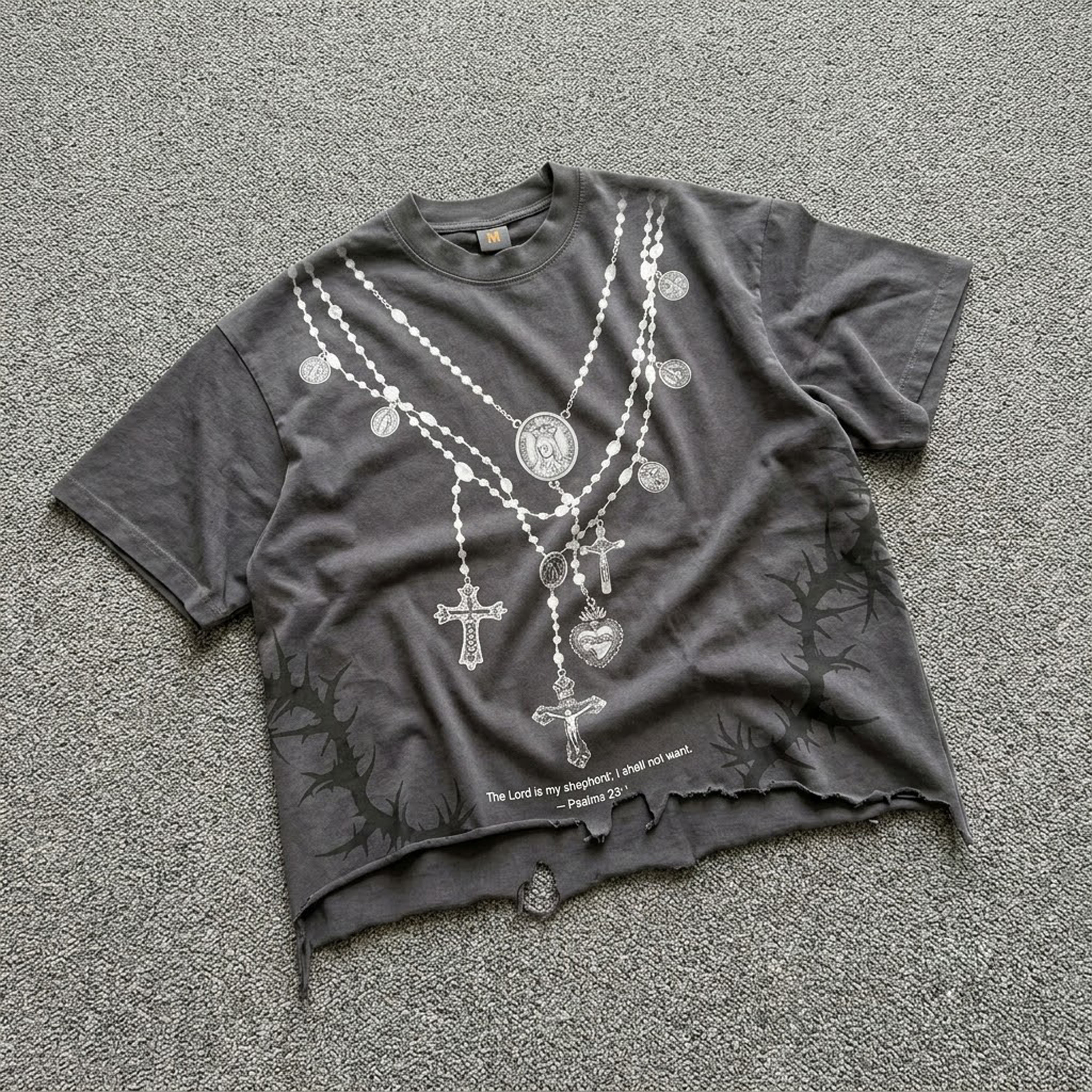 Y2k Layered Cross Rosary Necklace Print Graphic Crop Ripped T-shirt