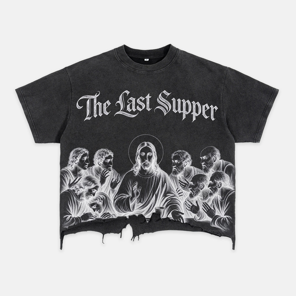 Retro Sketch Of Jesus At The Last Supper Graphic Crop Ripped T-shirt