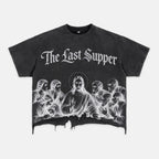 Retro Sketch Of Jesus At The Last Supper Graphic Crop Ripped T-shirt