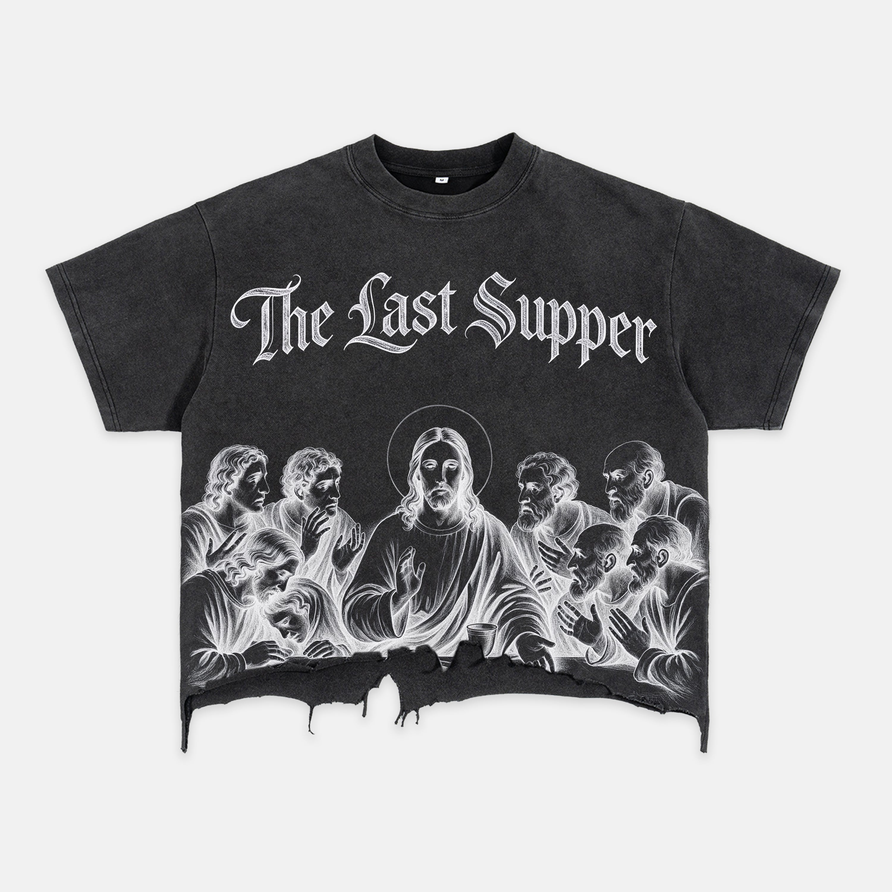 Retro Sketch Of Jesus At The Last Supper Graphic Crop Ripped T-shirt