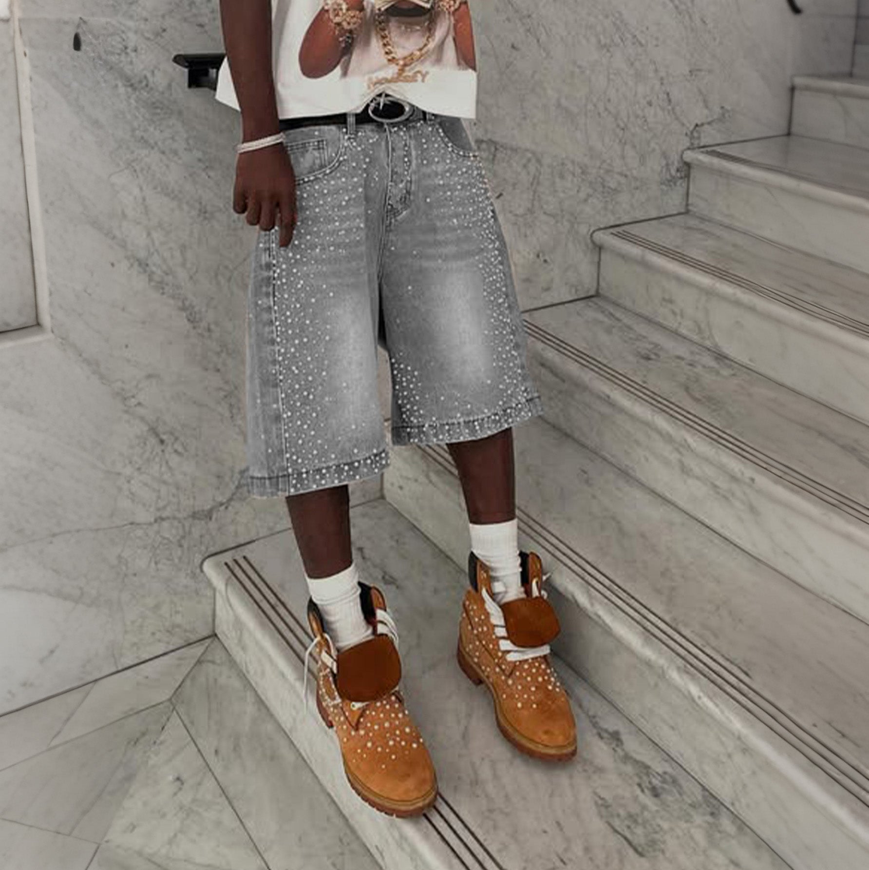 Y2k Trendy Letter Rhinestone Loose Denim Shorts