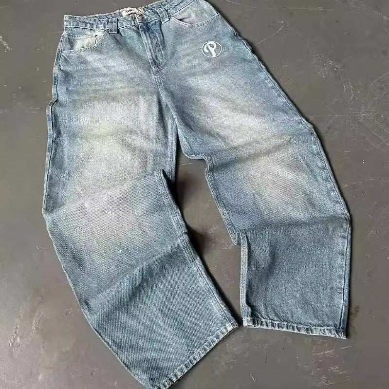 Men's Y2k Casual Patchwork Loose Curved  Baggy Jeans
