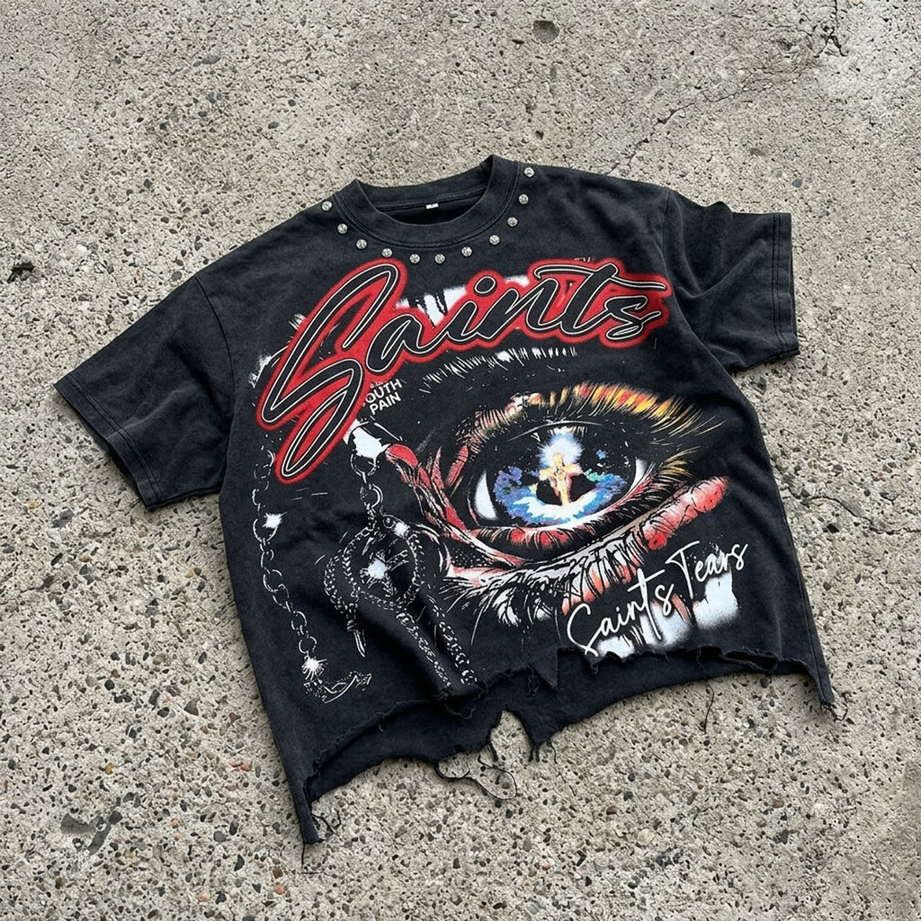 Saints Tears Retro Eye Graphic Crop Ripped T-shirt