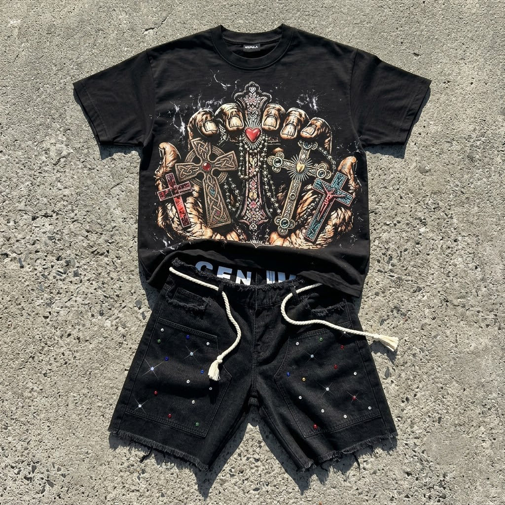 Jesus Holds The Cross In Both Hands Graphic T-shirt and Jorts Sets