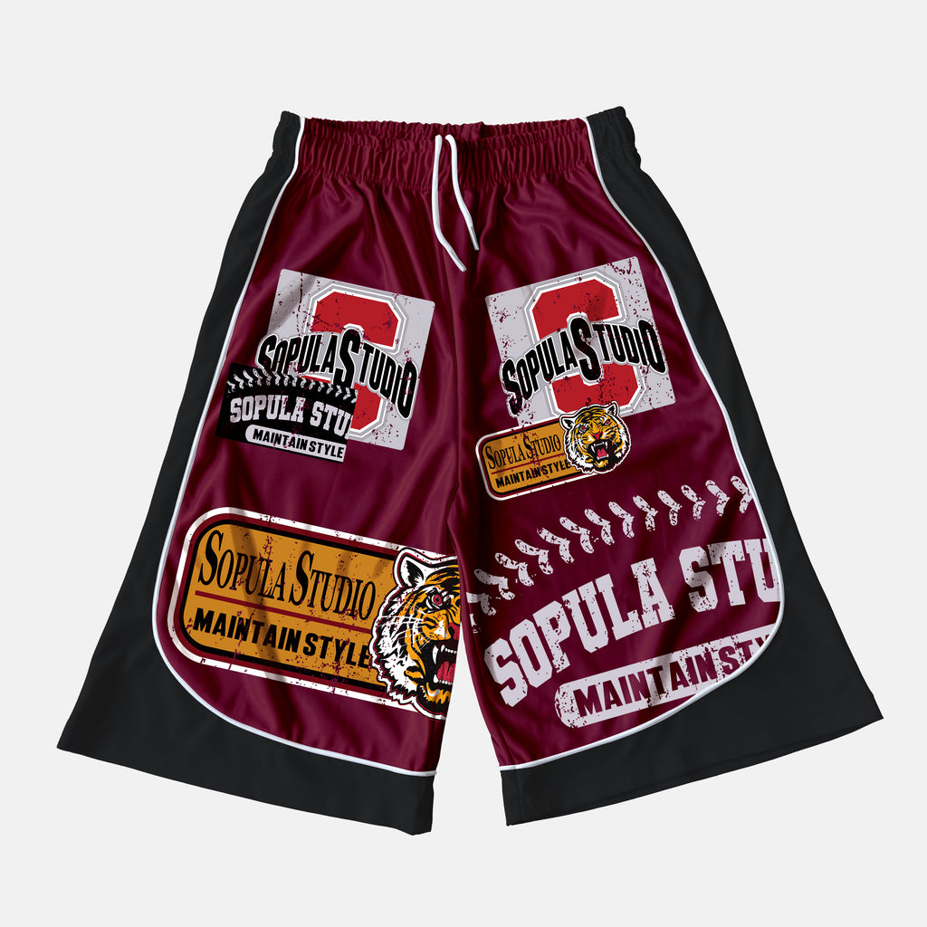 Tiger Badge Graphic Color Blocking Drawstring Shorts