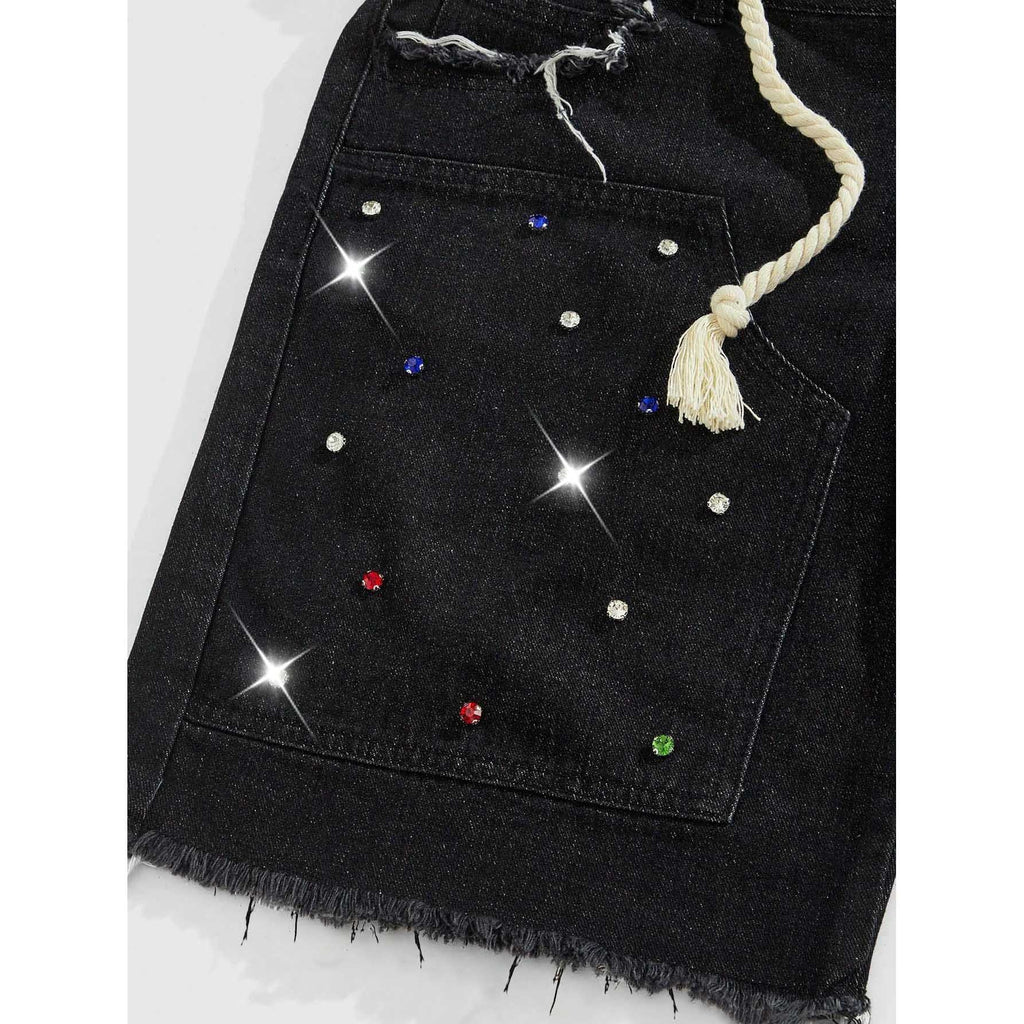 Vintage  Y2k Trendy Letter Rhinestone Drawstring Loose Denim Shorts
