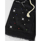 Vintage  Y2k Trendy Letter Rhinestone Drawstring Loose Denim Shorts