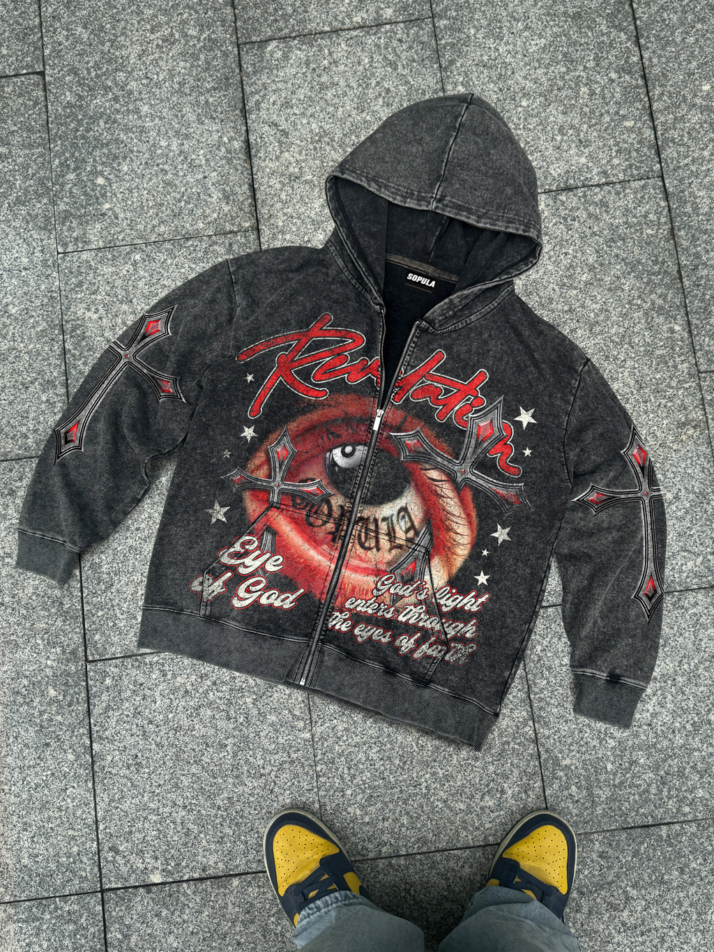 Black No. 8 Cross Vintage Eyes Graphic Washed Oversized Zip Up Hoodie