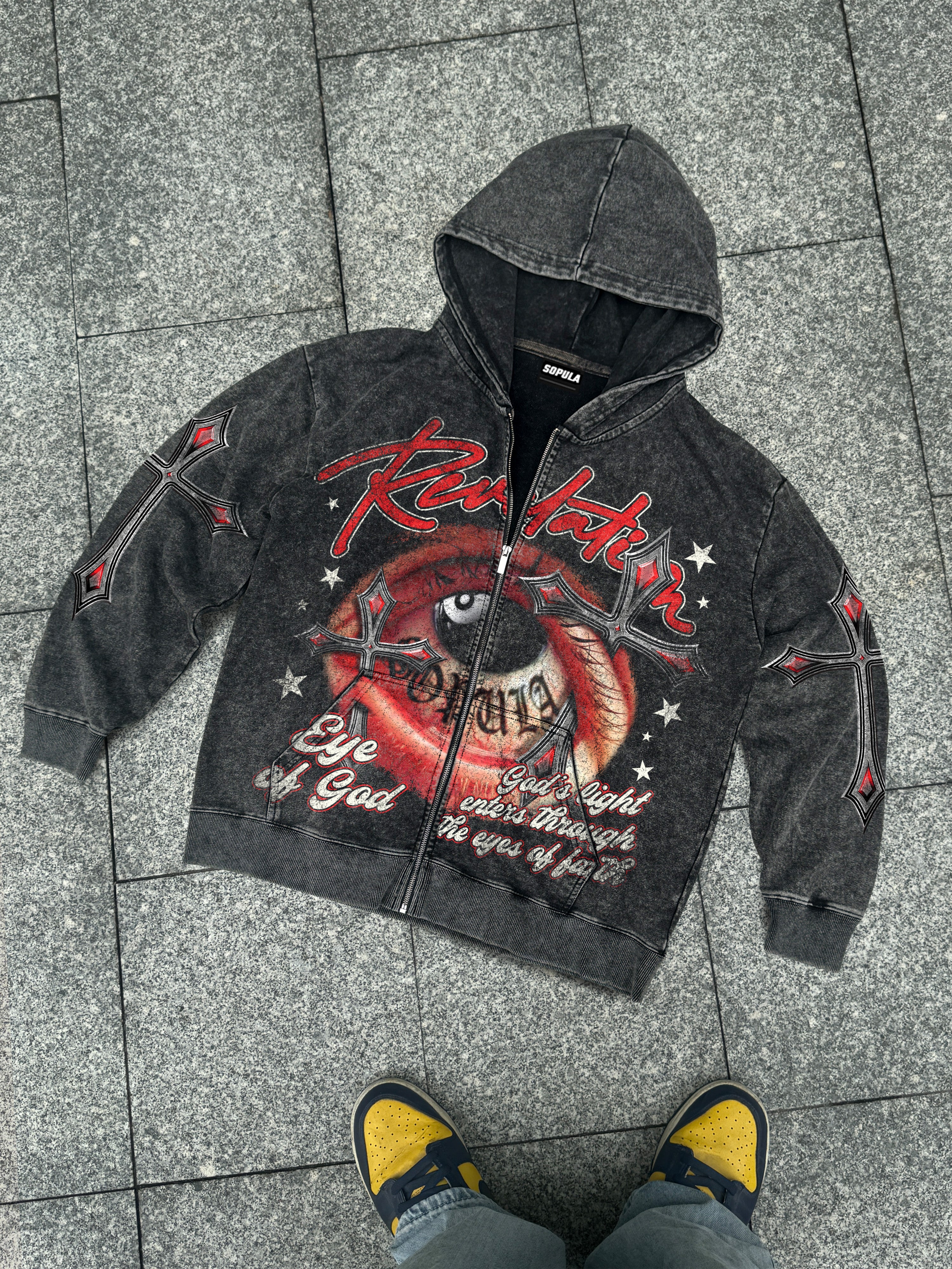 Black No. 8 Cross Vintage Eyes Graphic Washed Oversized Zip Up Hoodie