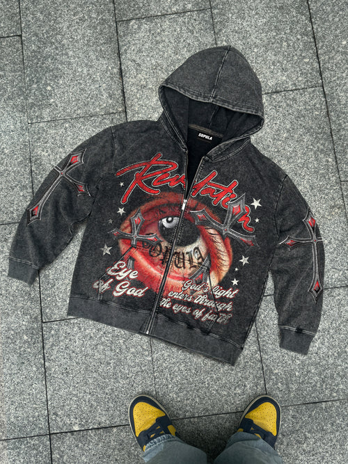 Black No. 8 Cross Vintage Eyes Graphic Washed Oversized Zip Up Hoodie