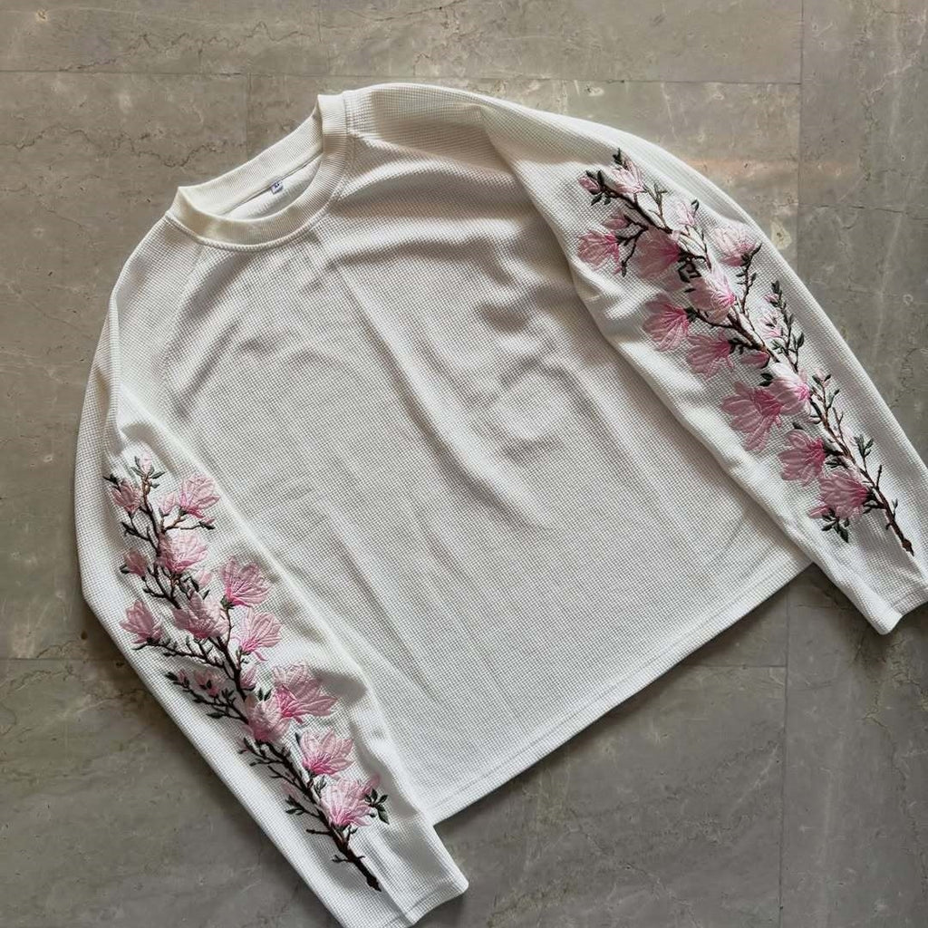 Waffle Japanese Floral Embroidered Long-sleeved T-shirt