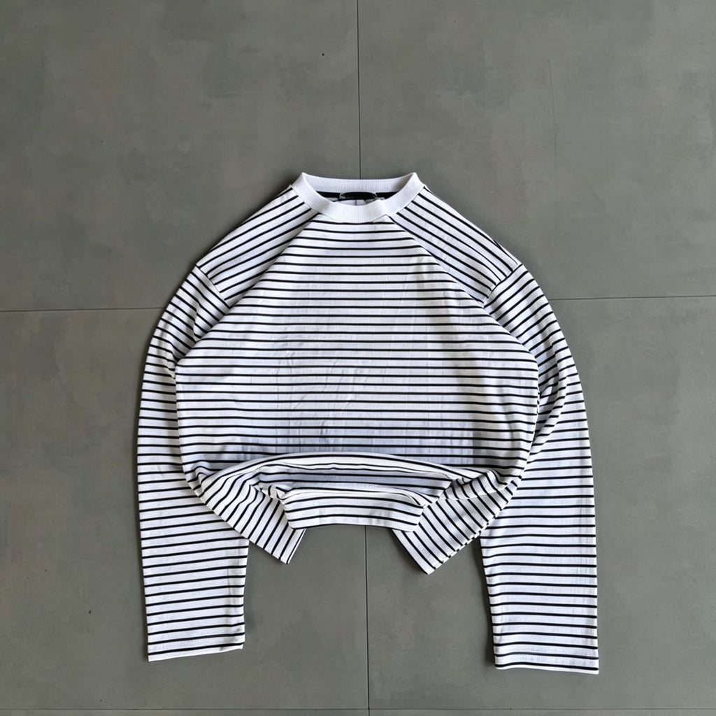 Retro Color-blocked Loose Striped Long-sleeved Crew Neck T-shirt