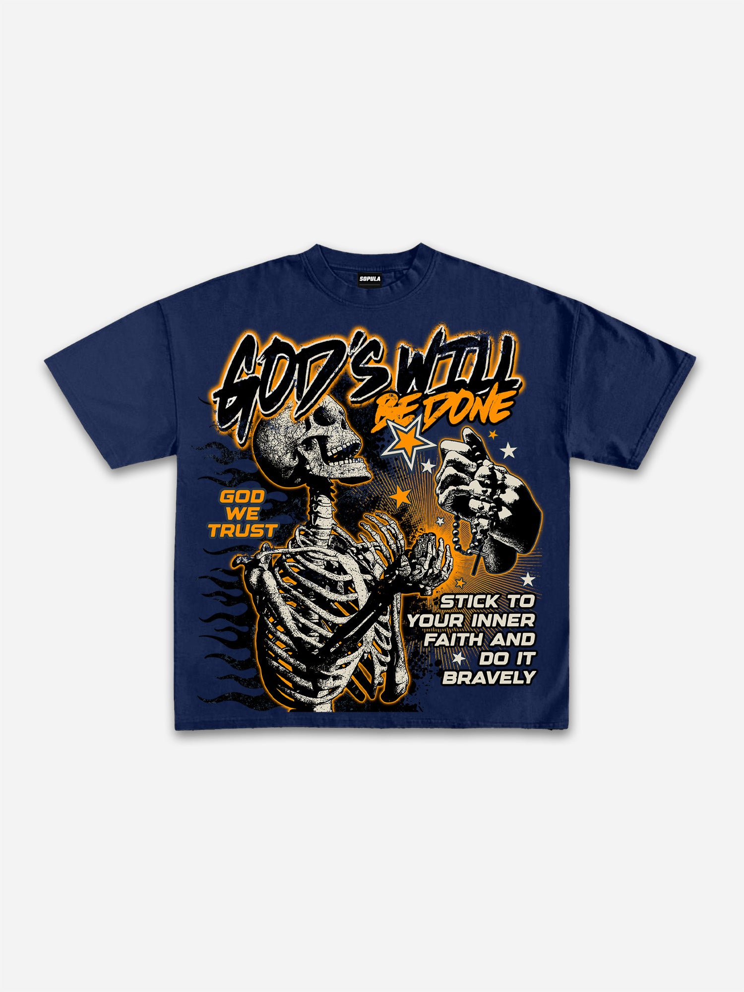 God's Will Be Done Flame Makes Old Beliefs Skull Graphic Cotton T-shirt