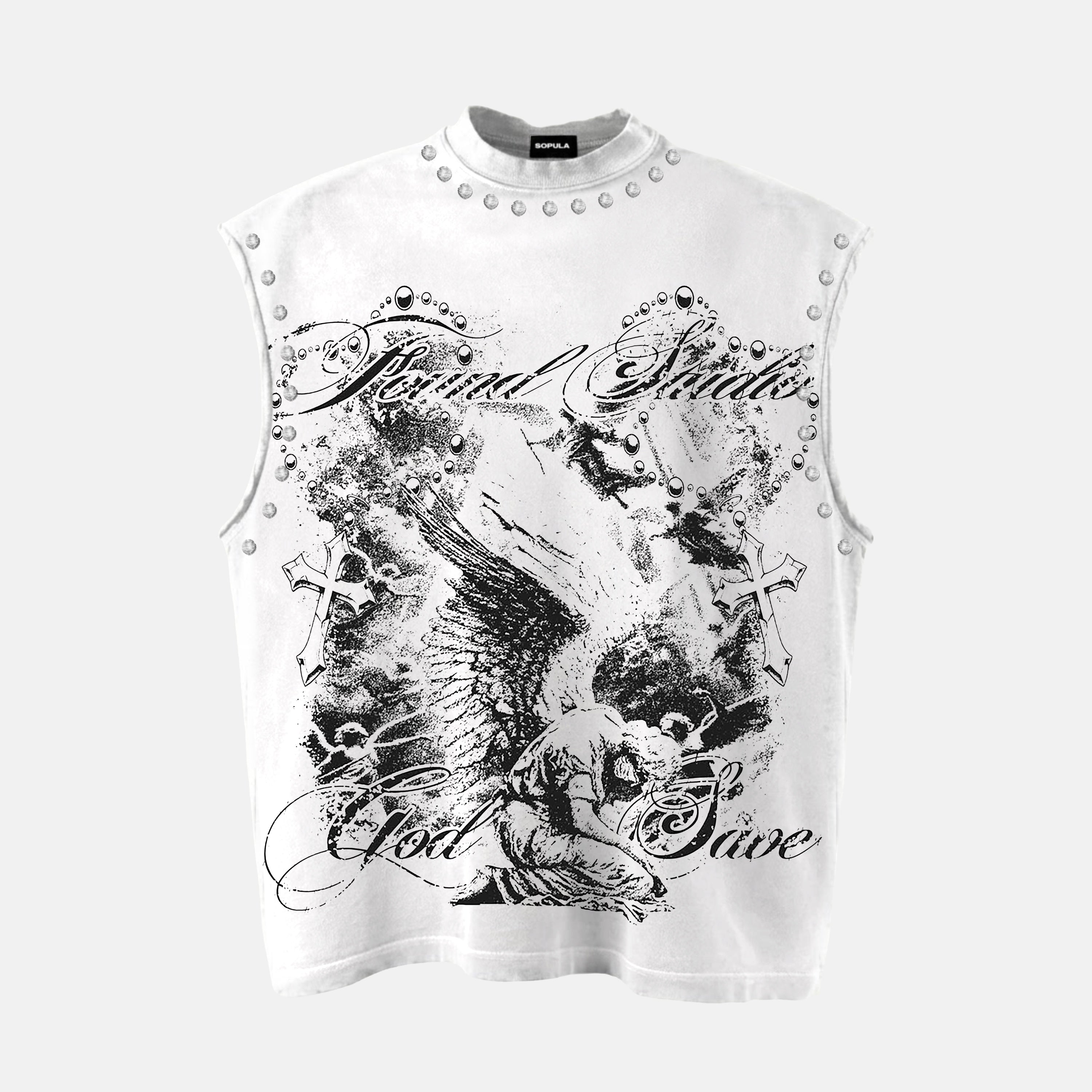 Fallen Angels God Save Retro Graphic Rhinestone Tank Top