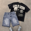 God Is Good Graphic T-shirt & Cross Appliqué Denim Shorts Set