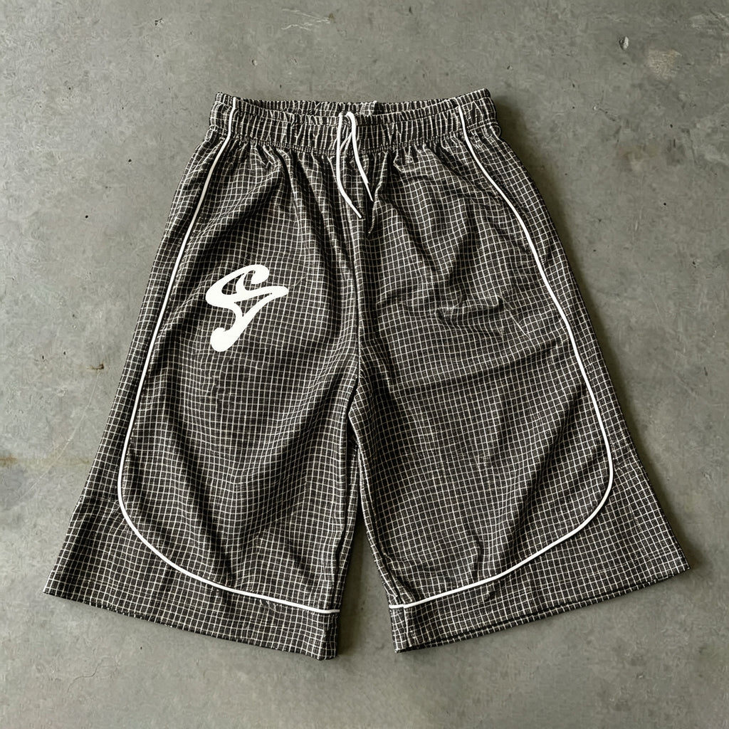Creative Plaid Patchwork Drawstring Three-quarter Length Basketball Shorts