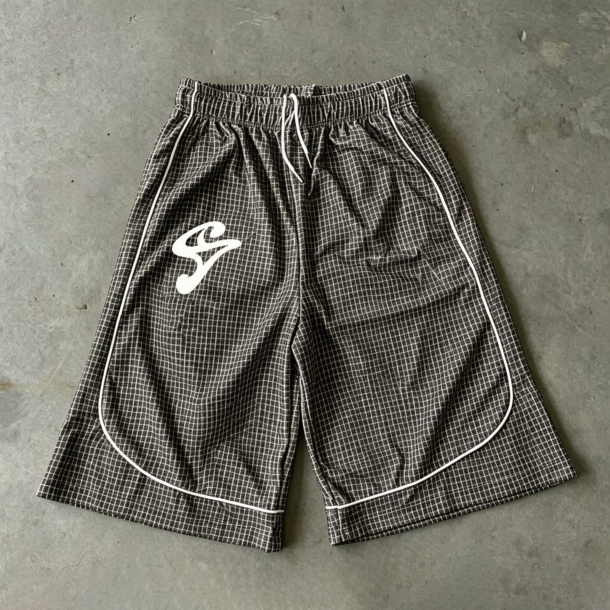 Creative Plaid Patchwork Drawstring Three-quarter Length Basketball Shorts