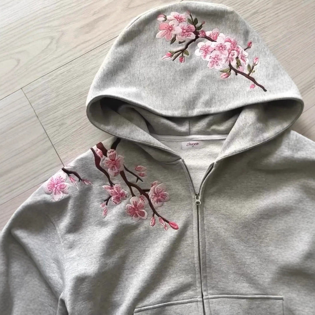 Harajuku Retro Cherry Blossom Embroidery Personalized Zipper Hoodie