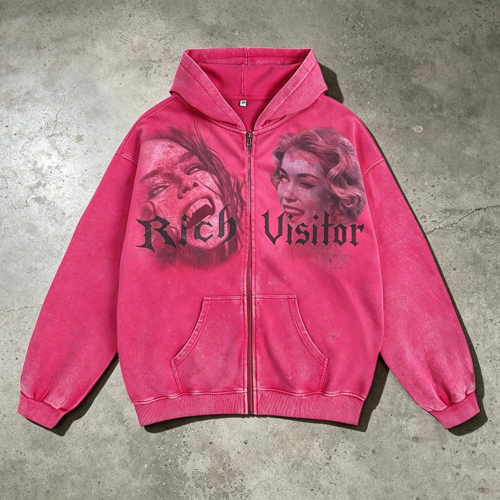 Retro Faded Memorys Jacket Acid-washed  Oversized Zip-up Hoodie