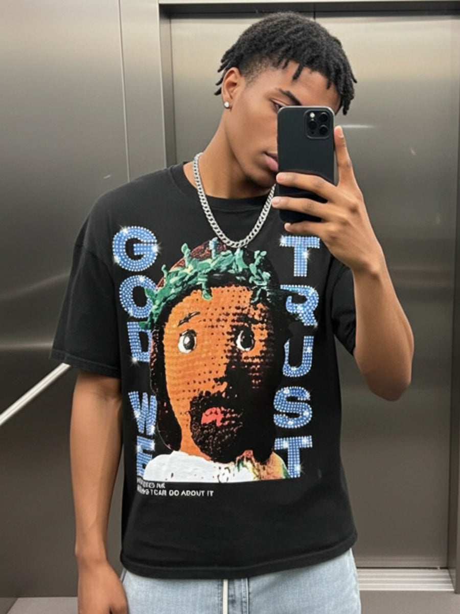 Diamond God We Trust Cartoon Jesus Portrait Graphic Cotton T-shirt