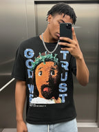 Diamond God We Trust Cartoon Jesus Portrait Graphic Cotton T-shirt