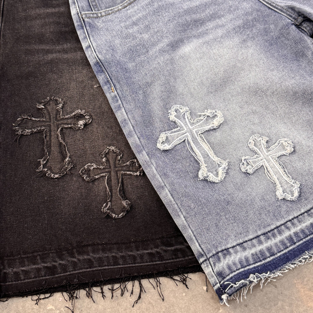 High-street Embroidery Cross Washed Denim Shorts