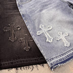 High-street Embroidery Cross Washed Denim Shorts