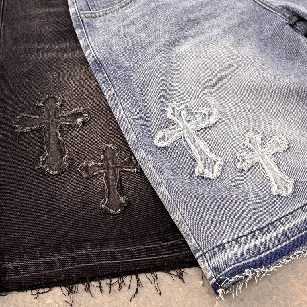 High-street Embroidery Cross Washed Denim Shorts
