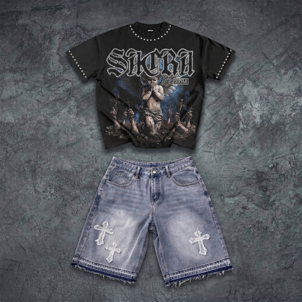 Sacra Angel T-shirt & Cross Appliqué Denim Shorts Set
