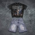 Sacra Angel T-shirt & Cross Appliqué Denim Shorts Set