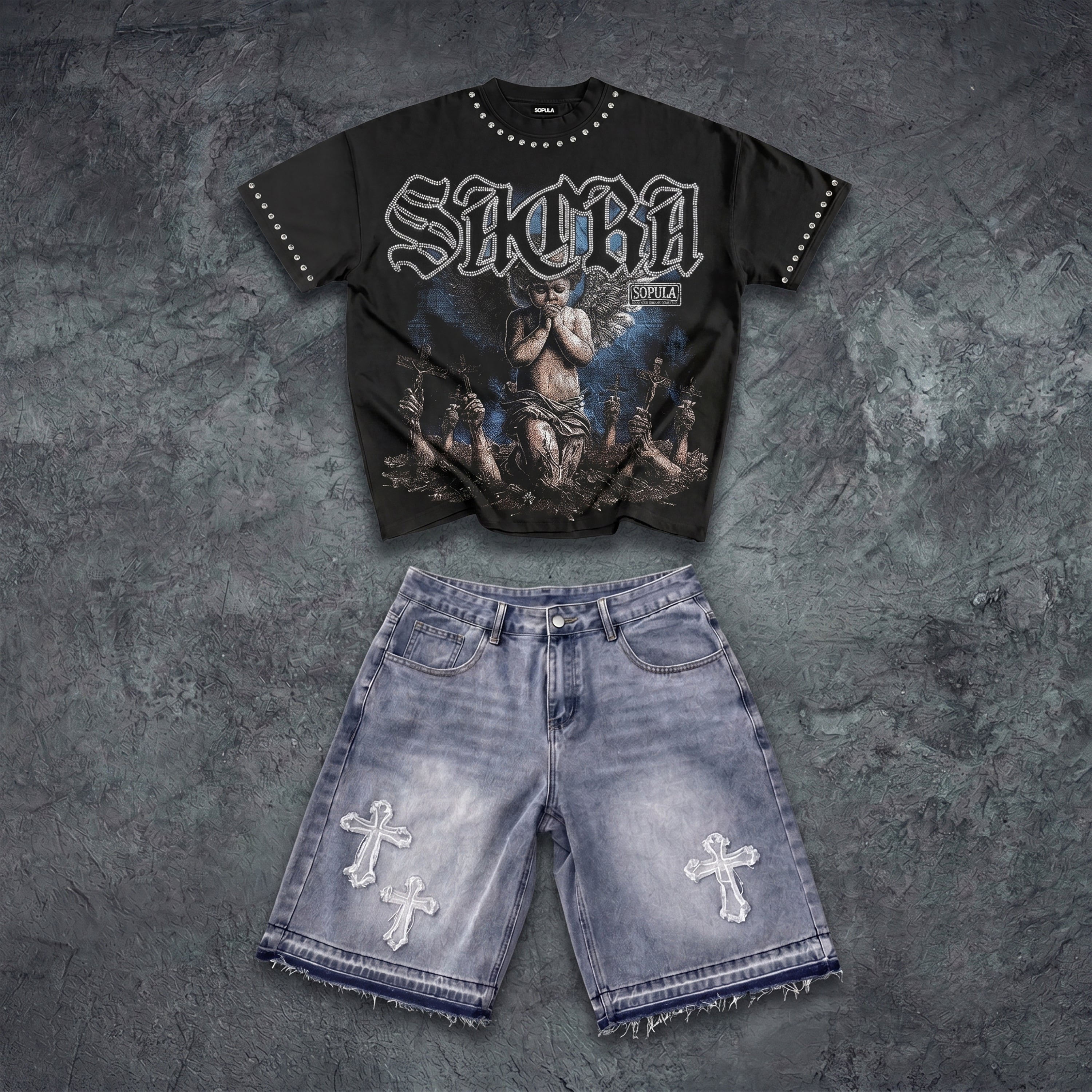 Sacra Angel T-shirt & Cross Appliqué Denim Shorts Set