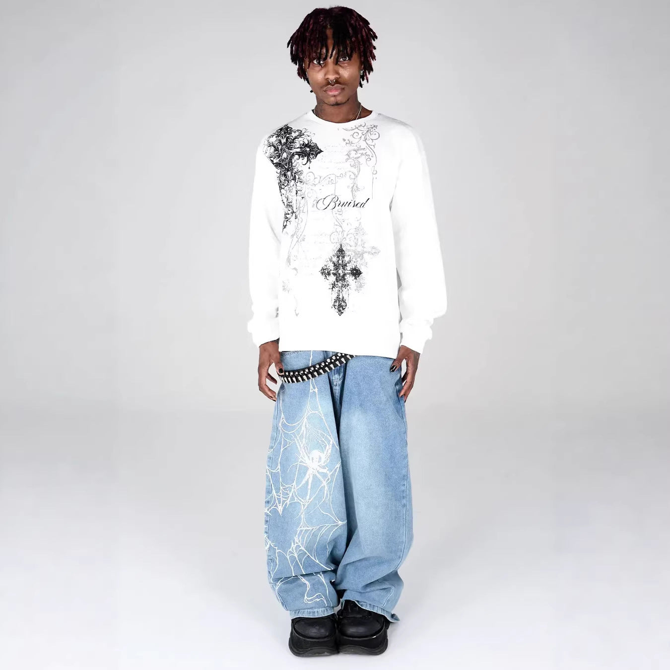 Gothic Cross Loose Waffle Long-sleeve T-shirt