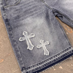 High-street Embroidery Cross Washed Denim Shorts
