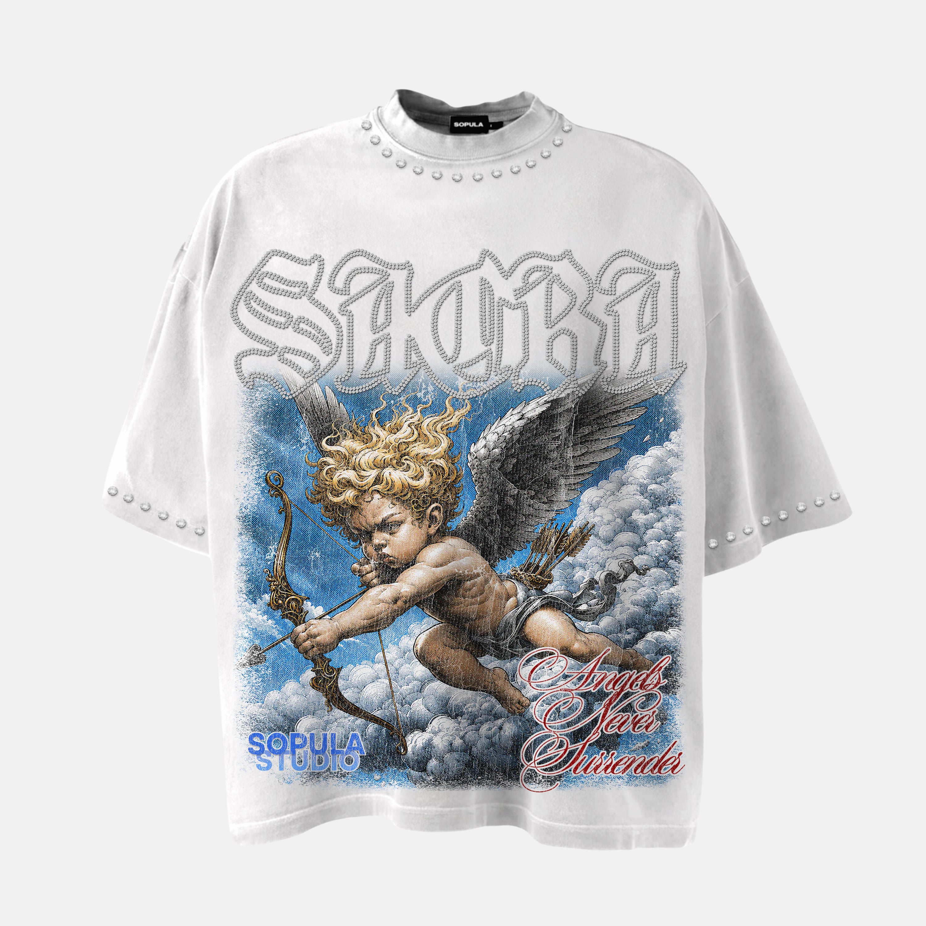 Sacra Angels Never Surrender Graphic Rhinestone Cotton T-shirt