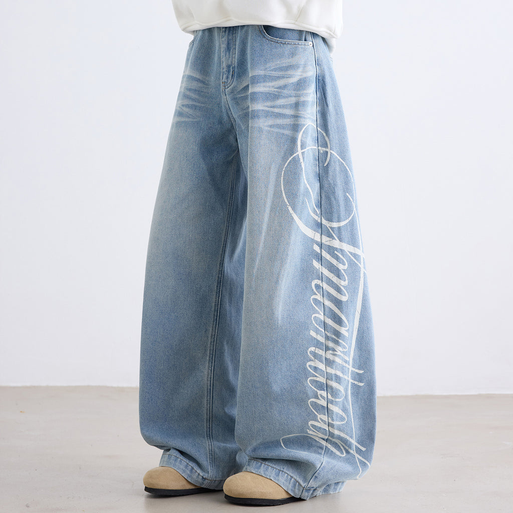Retro Letter High Street Scimitar Stitching Wide  Jeans