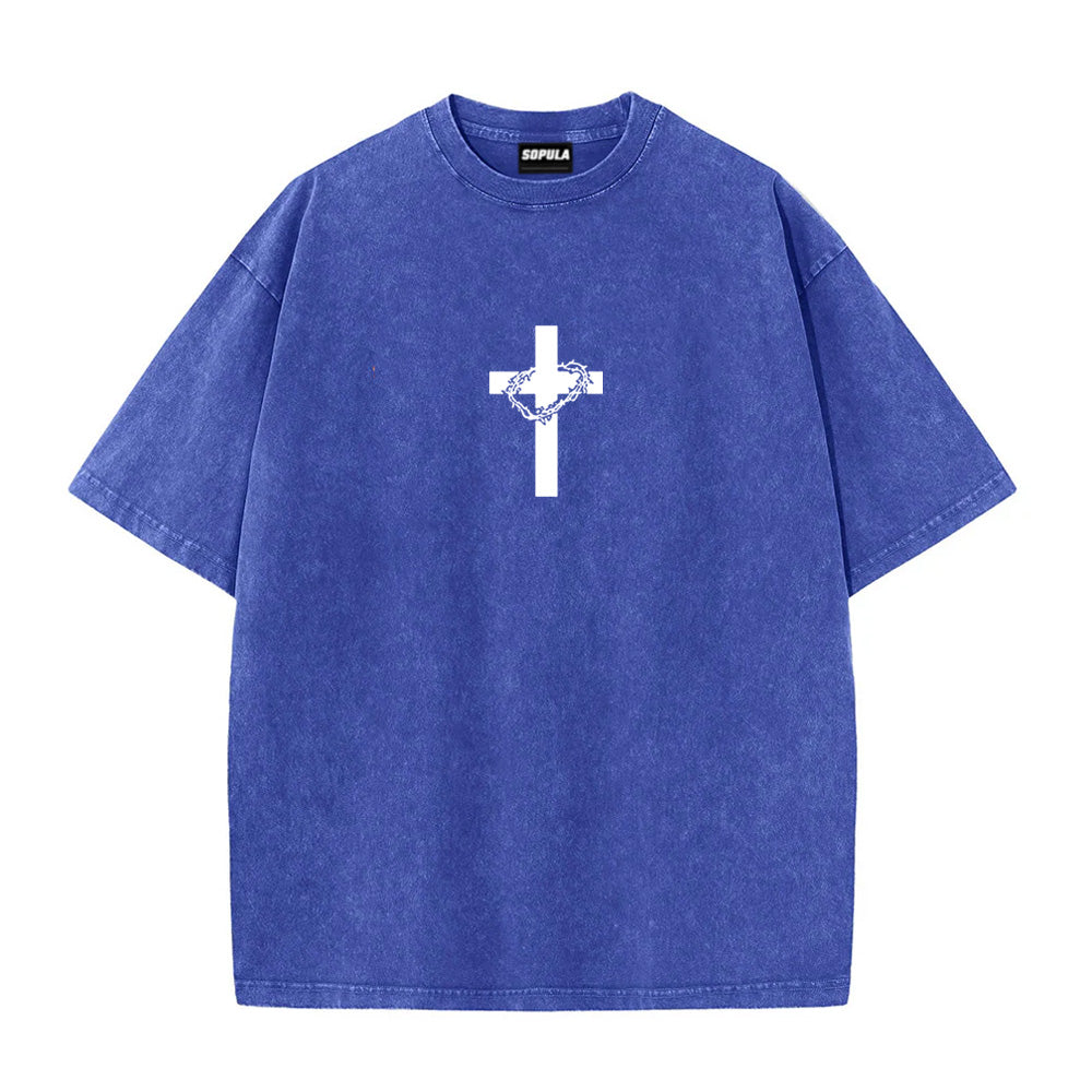Jesus With Crown Of Thorns Graphic Acid Washed T-shirt