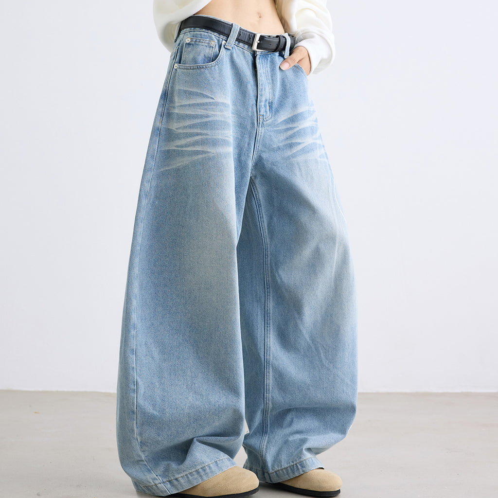 Retro Letter High Street Scimitar Stitching Wide  Jeans