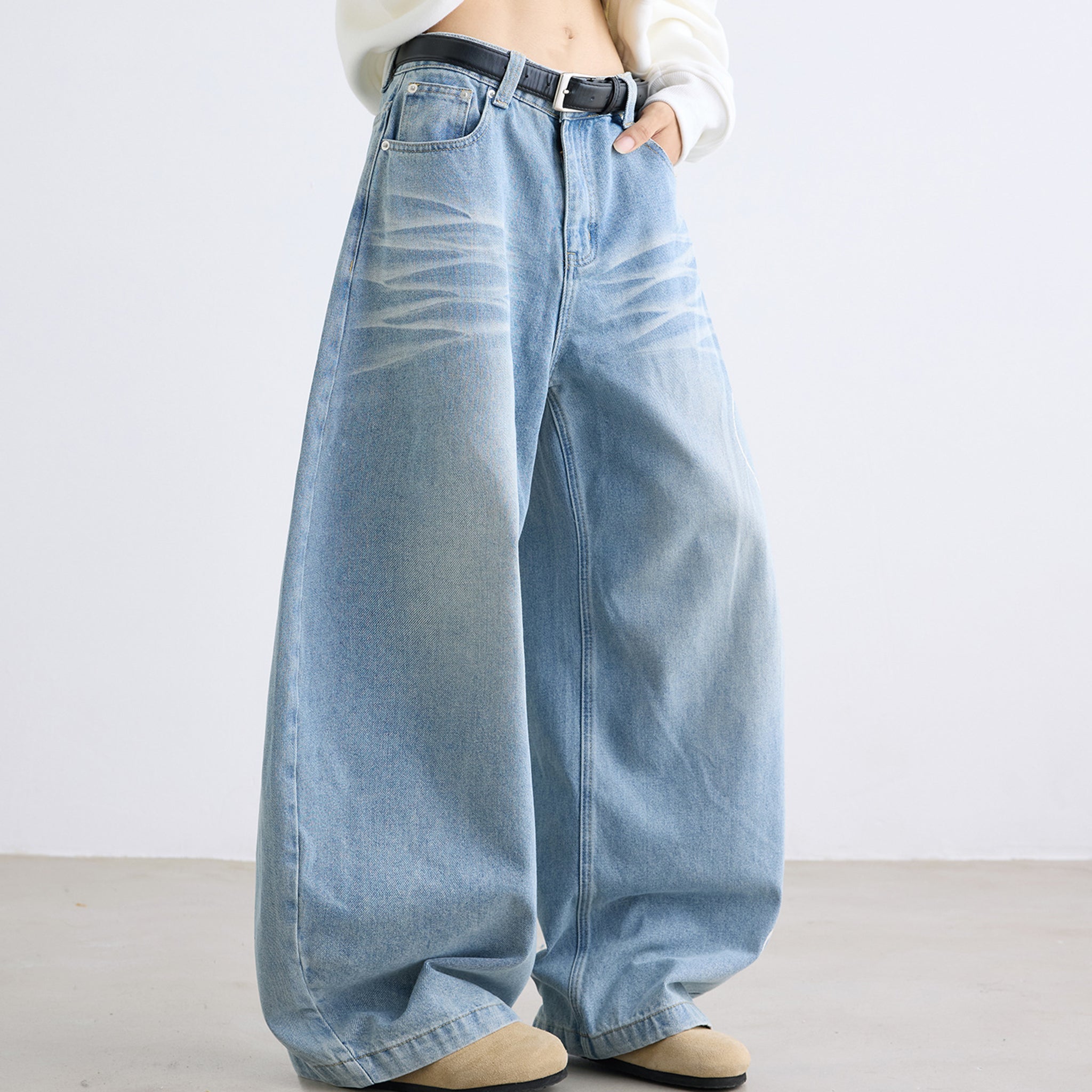 Retro Letter High Street Scimitar Stitching Wide  Jeans