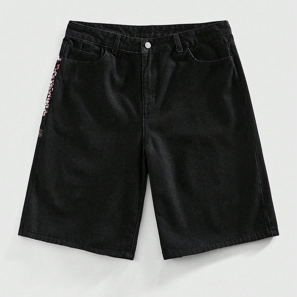 Men's Retro Plum Blossom Embroidered Loose Denim Jorts