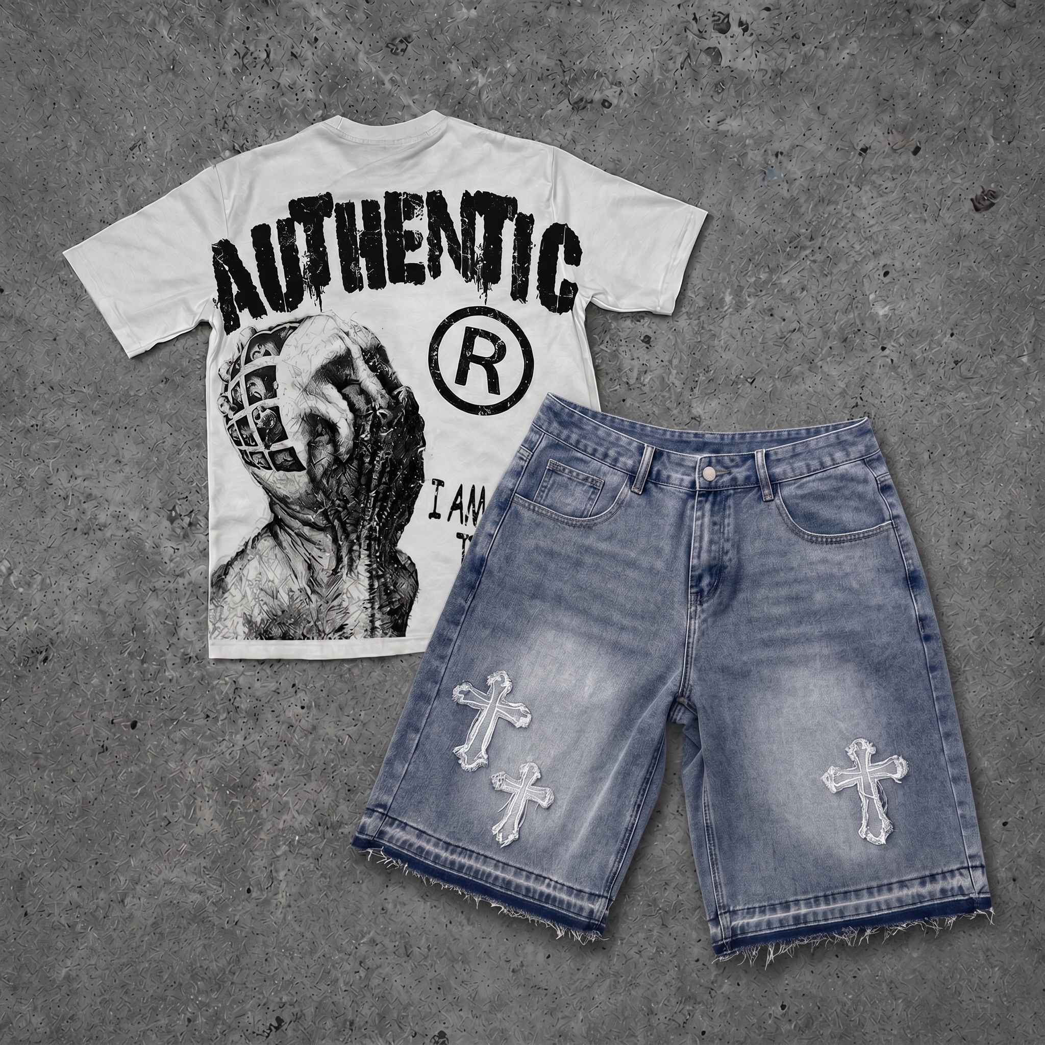 I Am Allergic To People T-shirt & Bone Embroidered Denim Shorts Set