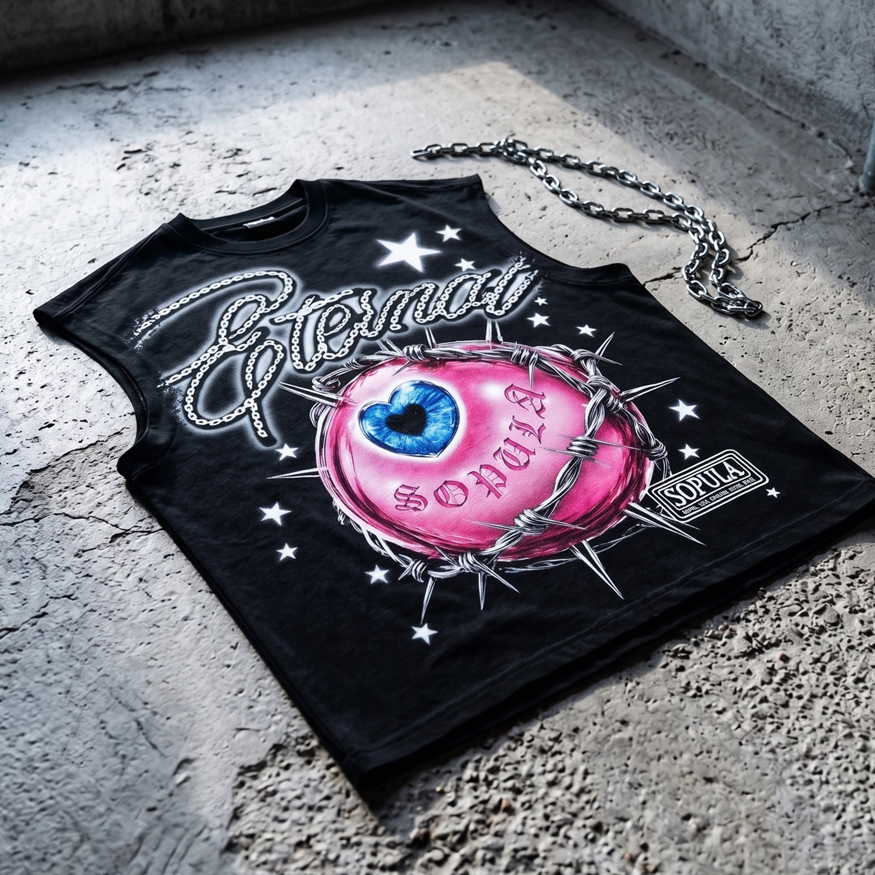 Color-blocked Spiked Eyes Chain Letters Graphic Tank Top