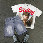 Valley Prayer Angel Graphic T-shirt & Cross Appliqué Denim Shorts Set