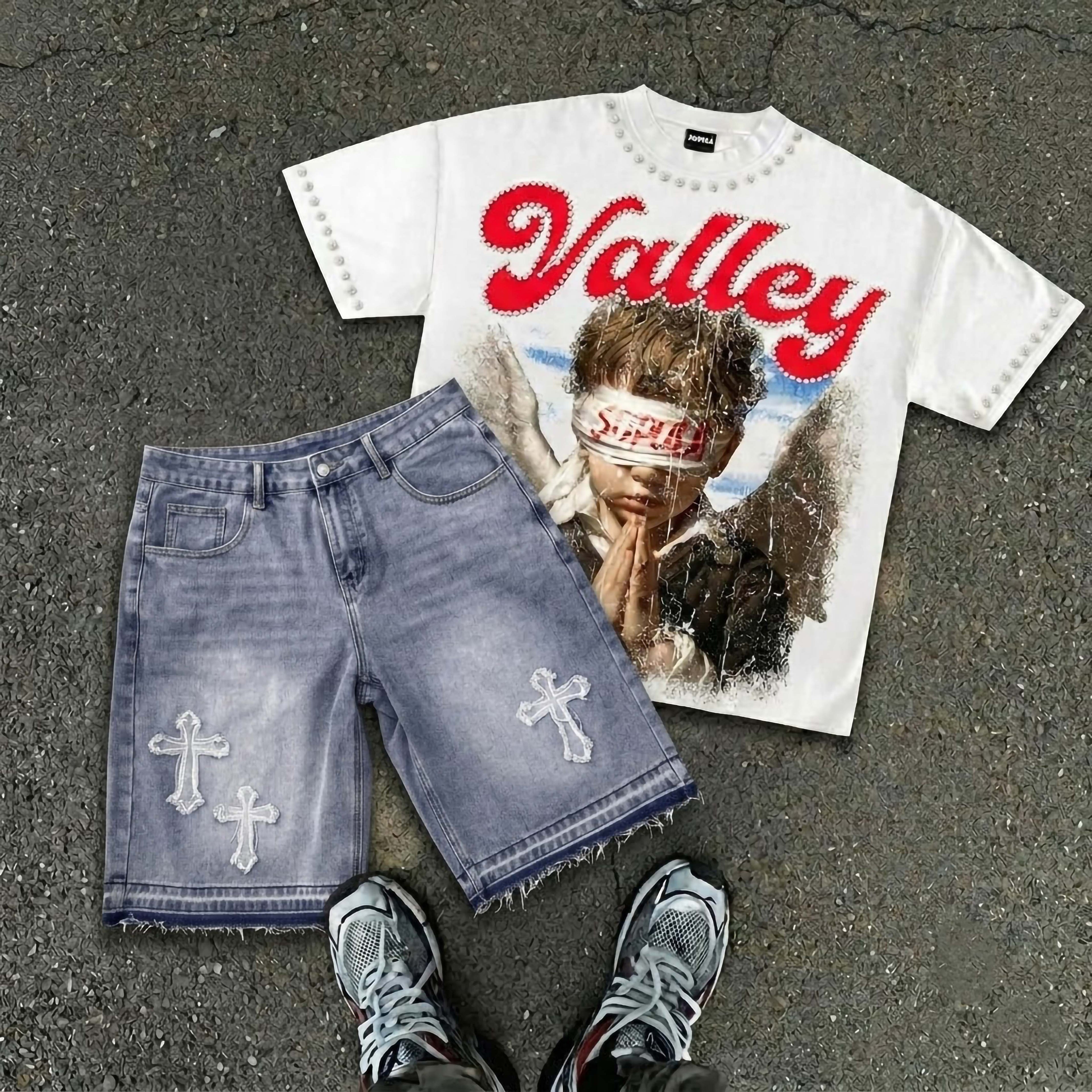 Valley Prayer Angel Graphic T-shirt & Cross Appliqué Denim Shorts Set