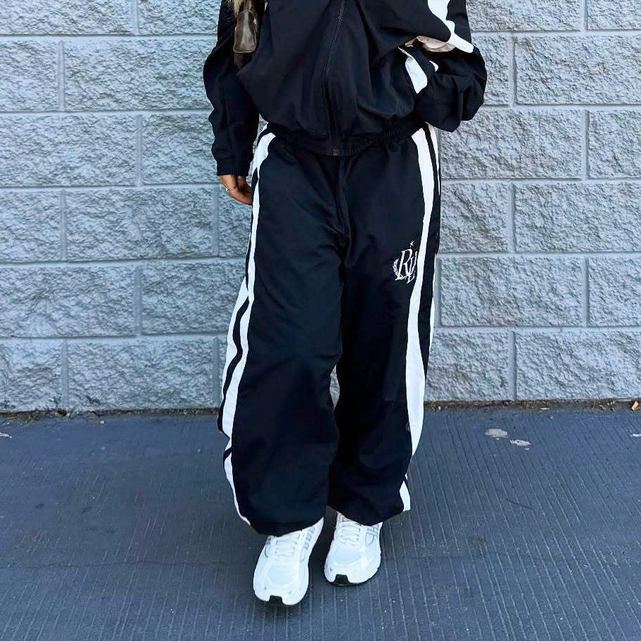 Sporty Striped Embroidered Casual Trousers