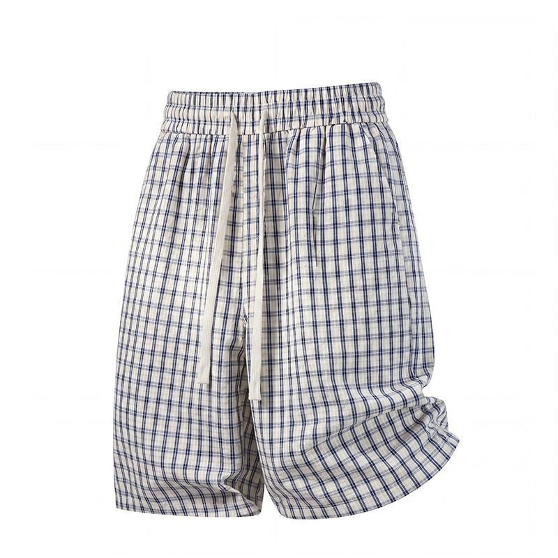Drawstring Loose Textured Check  1/2 Shorts