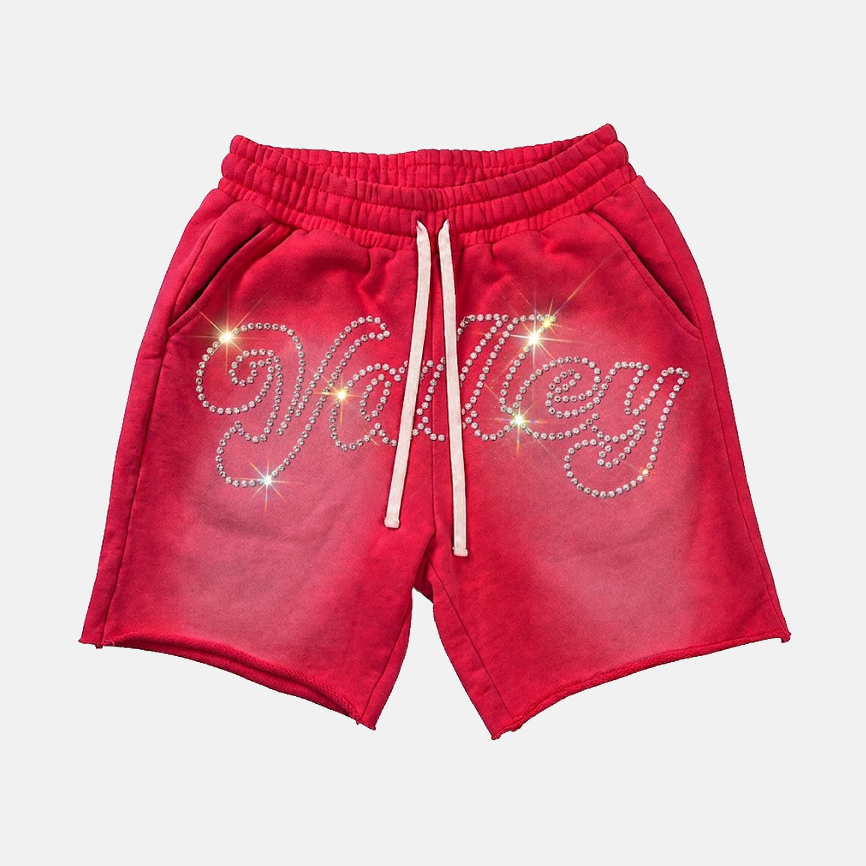 Rhinestone Embroidery Lettering Acid Washed Shorts