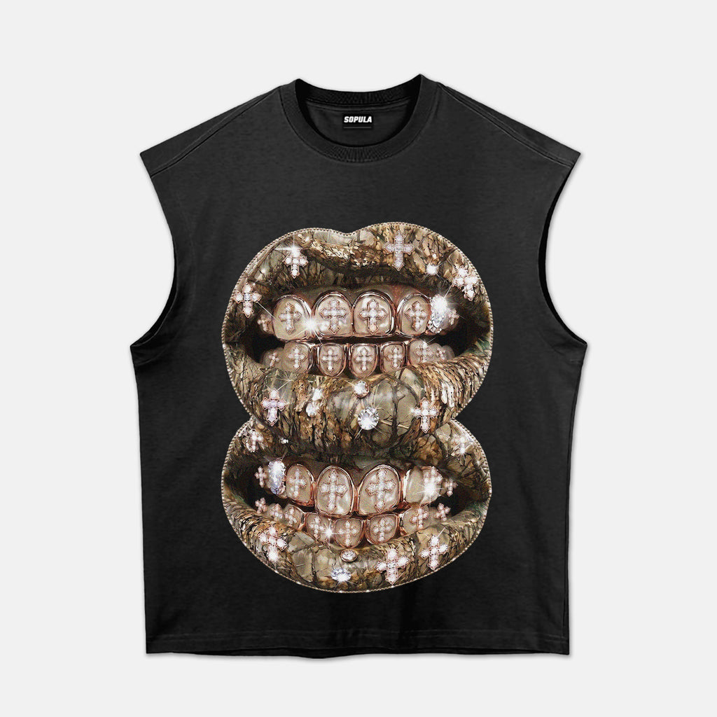 Tree Bark Camo Diamond Lips Graphic Tank Top