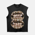 Tree Bark Camo Diamond Lips Graphic Tank Top