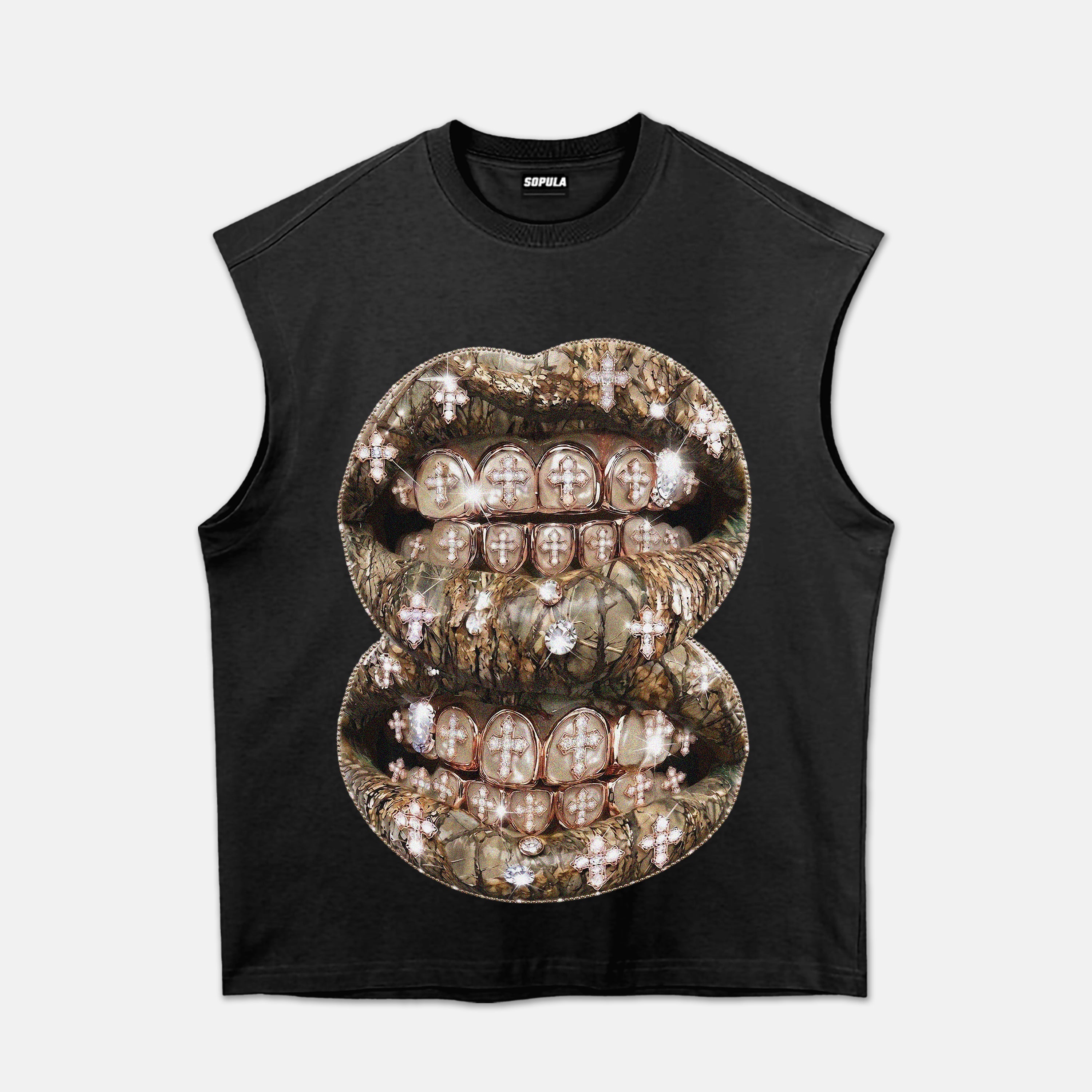 Tree Bark Camo Diamond Lips Graphic Tank Top